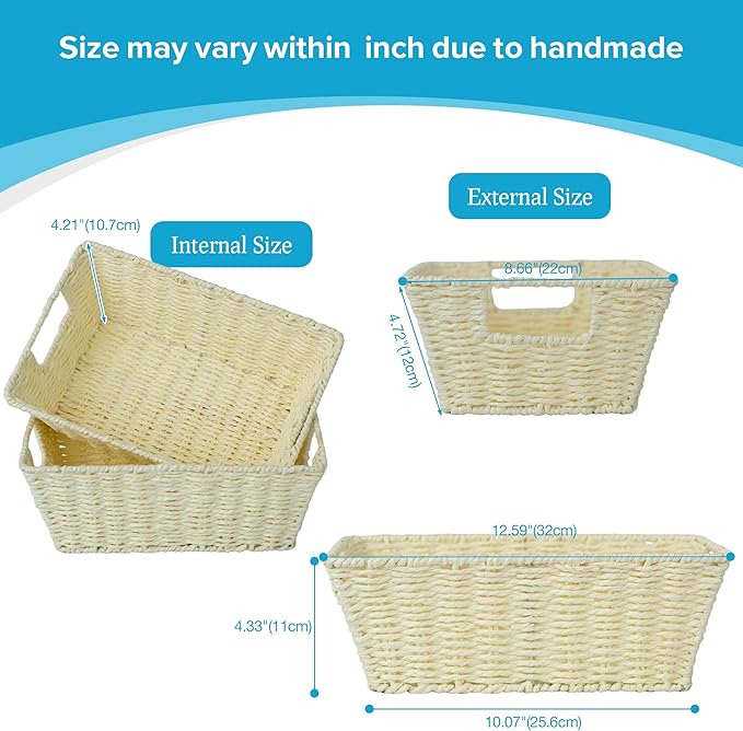 JS HANGER Wicker Storage Basket with Washable Liners, Metal Frame, Set of 2, 12.6" L x 8.7" W x 4.3" H, Woven Paper Basket for Pantry, Toilet, Bathroom, Bedroom, Patio, Light Yellow