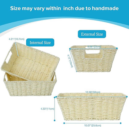 JS HANGER Wicker Storage Basket with Washable Liners, Metal Frame, Set of 2, 12.6" L x 8.7" W x 4.3" H, Woven Paper Basket for Pantry, Toilet, Bathroom, Bedroom, Patio, Light Yellow