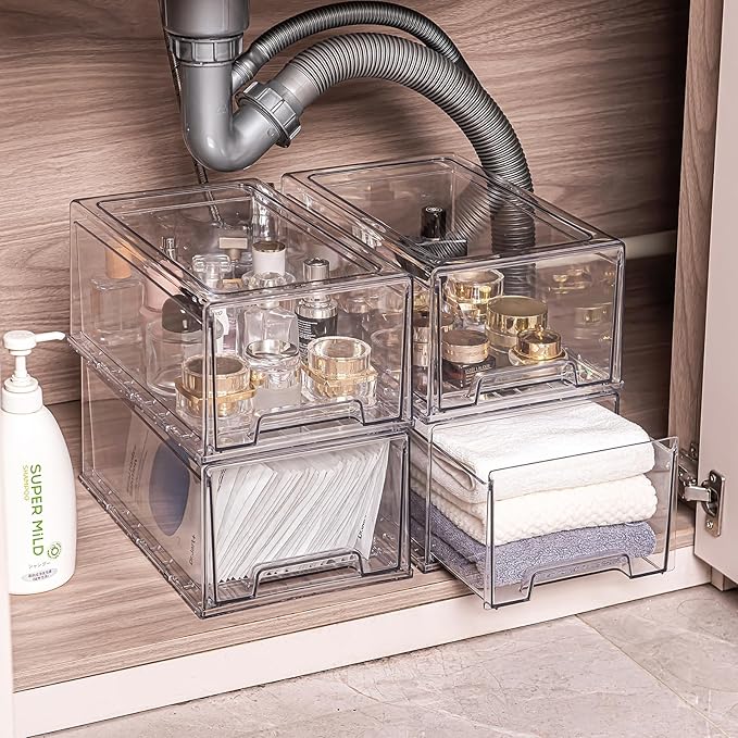 2 Pack Stackable Pull-Out Storage Drawers,Plastic Clear Organizer Bins with Handles,Easily Clean for Craft,and Toy Organization,Kitchen,Undersink,Cabinet,Fridge,Closet,Pantry,Office,Bathroom
