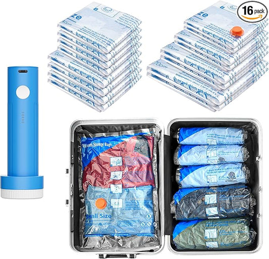 16 Pack Travel Vacuum Bags with Pump，vacuum travel bags with pump, vacuum seal bags for clothing travel and home