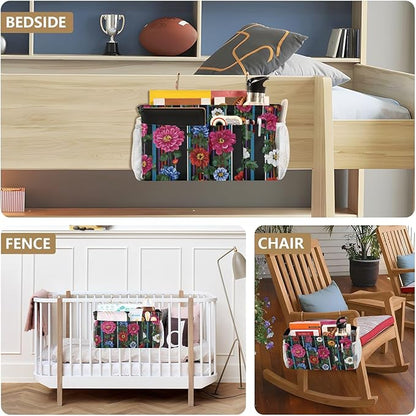 CuwrYet Bedside Caddy Hanging Bunk Bed Caddy Bed Organizer Hanging Pocket with 2 Hooks Bedside Storage Organizer Pocket Bag Holder Mexican Flowers Stripe