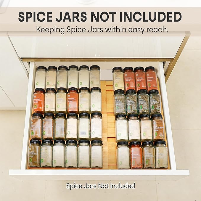 Thalomely Bamboo Spice Drawer Organizer, (Need 3.1” Deep Drawer) Expandable 4 Tier Spice Rack for Cabinet (From 12" to 23" Wide), Seasoning Storage Insert, Spice Organizer for Drawer,Jars Not Included