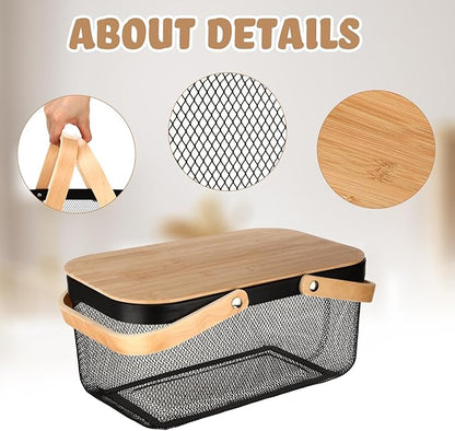 4 Pcs Mesh Steel Basket with Handles and Lids Wire Mesh Basket Garden Baskets for Gathering Vegetables Fruit Harvest Storage Organizer for Kitchen Drying Food(16 Inch,Black)