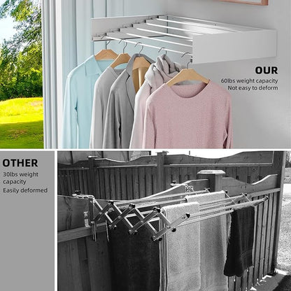 Laundry Drying Rack Collapsible, Wall Mounted, Clothes Drying Rack, 31.5" Wide, 5 Aluminum Rods, 60 lb Capacity, Laundry Racks for Drying Clothes with Wall Template(White 31.5")