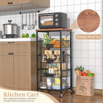 Kitchen Storage Cart, Kitchen Basket, 5-Tier Utility Organizer with Baskets and Wood Top, Rolling Snack Cart with Wheels, Metal Black