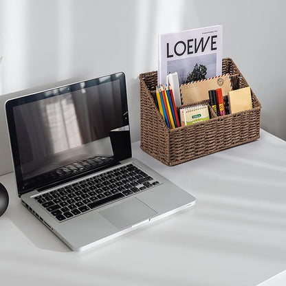 Woven Mail Organizer, Mail Organizer Countertop, Natural Tabletop Mail Holder, Rattan Desk Organizer, Boho Office Desk Accessories, Mail Basket for Bill Mail Papers Letters(Brown)