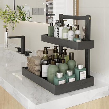 Bamboo Under Sink Organizer and Storage, 2 Tier Pull Out Cabinet Organizer, Slide Out Under Sink Storage Shelf, Undersink Organizers Shelves for Kitchen Bathroom Organization (Black, 1 Pack)