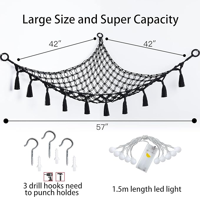 Cotton Stuffed Animal Organizer, Handmade Macrame Hanging Net Hammock for Toy Storage, Boho Decor Room Holder, Triangular, Black, Large, 57x42 inches, 10 lbs Capacity