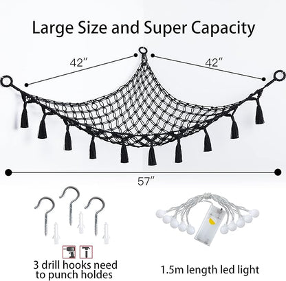 Cotton Stuffed Animal Organizer, Handmade Macrame Hanging Net Hammock for Toy Storage, Boho Decor Room Holder, Triangular, Black, Large, 57x42 inches, 10 lbs Capacity