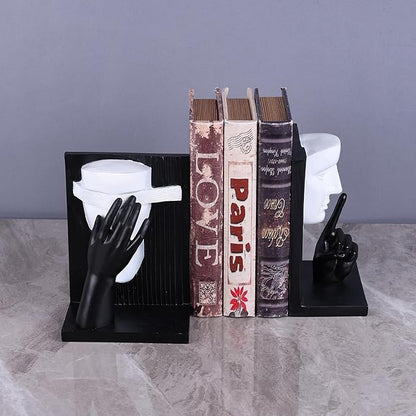Decorative Bookends Set – Vintage Gold Face Sculptures & Modern Black & White – Resin Book Ends for Shelves, Heavy Book Stoppers, Brass-Look Bookends, Decorative for Home Office (B&W)
