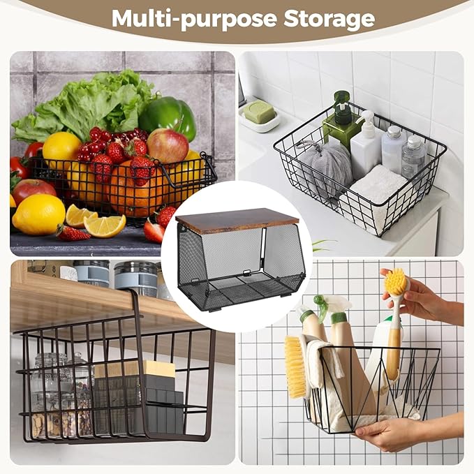 Joyibay 4 Pcs Stackable Fruit Baskets, Metal Mesh Wall Storage Baskets with Wooden Lids, Folding Wire Organizers for Kitchen Counter, Hanging Storage Containers for Snacks, Vegetables