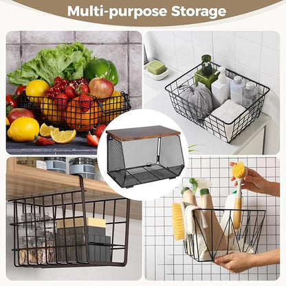 Joyibay 4 Pcs Stackable Fruit Baskets, Metal Mesh Wall Storage Baskets with Wooden Lids, Folding Wire Organizers for Kitchen Counter, Hanging Storage Containers for Snacks, Vegetables