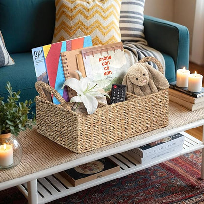 Wicker Divided Baskets with Handles, Seagrass Pantry Baskets, Storage Basket Woven Natural for Organizing Bathroom Kitchen Shelves Office Supplies Organization, Wicker Storage Baskets 4 Section.