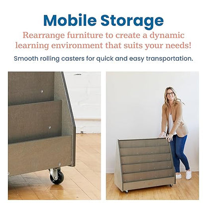 ECR4Kids Double-Sided Wooden Mobile Book Display and Storage, Montessori Furniture, Grey Wash