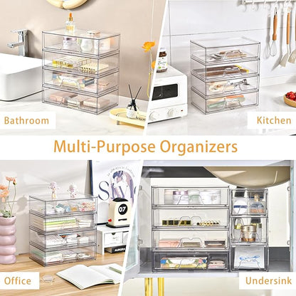 5 Pack Makeup Organizer Stackable, 12.1''L Bathroom Organizer and Storage Acrylic Undersink Drawer Organizer, Cosmetics and Beauty Supplies,Clear Plastic Storage Bins for Vanity,Pantry,Cabinet,Kitchen