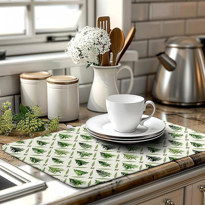 Wnoesat Christmas Dish Drying Mat for Kitchen Counter 18x24 Inch Sage Green Xmas Tree Drying Pad Winter Holiday Dish Draining Mat Microfiber Absorbent Dish Drainer Rack Mat for Coffee Bar