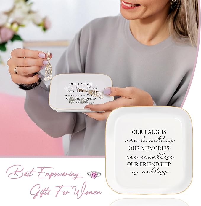 Friend Gifts Trinket Dish for Women, Unique Friendship Gifts, Our Friendship is Endless Ceramic Ring Dish Jewelry Tray for Birthday Christmas Gift for Mom, Sister, Best Friends (Modern-Our Laughs)
