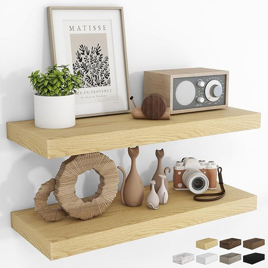 RICHFOCUS 31.5Inch Floating Shelves for Wall 2 Pack Shelves for Bedroom|Kitchen|Bathroom Wall Mounted Rustic Wood Floating Shelf with Invisible Brackets for Books|Storage|Decor, Oak