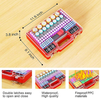 Battery Organizer Storage Case with Tester, Ultra-Large 265+ Double-Sided Batteries Container with Handle, Holds AA AAA 4A 23A C D Cell 3V 9V Lithium CR3 4LR44 CR123A 18650 (Red)
