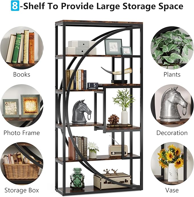 Tribesigns Bookshelf, Industrial 5-Tier Etagere Bookcase, 70.8" Tall Bookshelf with 8 Storage Shelf, Book Shelf Display Tack Shelving Unit for Home Office (Rustic Brown, 2PC)