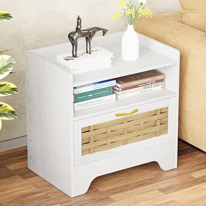 HOCAT 24" Rattan Nightstand with Storage Drawer, White Bedside Table with Semi Open Cubby, Boho Night Stand with Farmhouse Arched Base for Bedroom, Side Table, End Table for Dorm