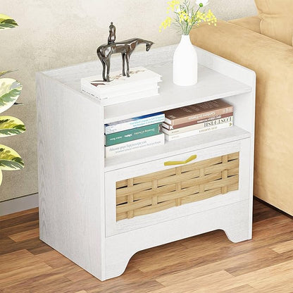 HOCAT 24" Rattan Nightstand with Storage Drawer, White Bedside Table with Semi Open Cubby, Boho Night Stand with Farmhouse Arched Base for Bedroom, Side Table, End Table for Dorm