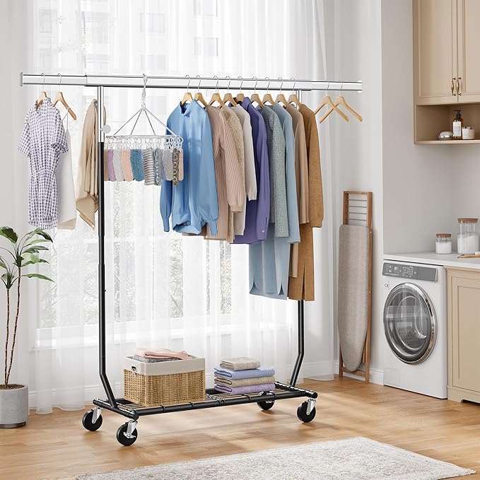 Tajsoon Clothes Rack Heavy Duty Load 350 LBS, 73.8' Extendable & Adjustable Foldable Clothing Rack for Hanging Clothes, Garment Rack with Lockable Wheels for Bedroom, Laundry Room, Black