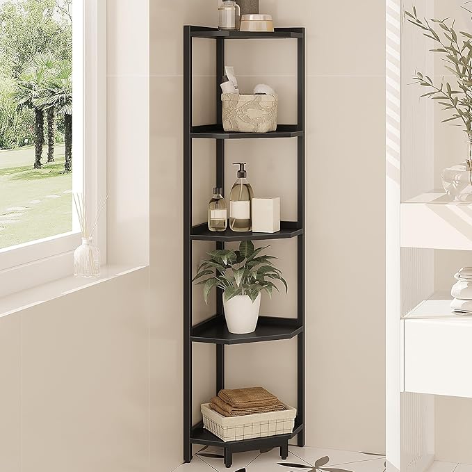 Corner Shelf Stand, Corner Bookshelf, Storage Standing Shelf Unit with Metal Frame, Plant Stand, Corner Bookcase for Living Room, Home Office, Bedroom, 5-Tier Black CS05906B
