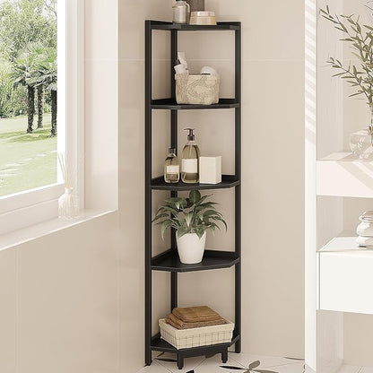Corner Shelf Stand, Corner Bookshelf, Storage Standing Shelf Unit with Metal Frame, Plant Stand, Corner Bookcase for Living Room, Home Office, Bedroom, 5-Tier Black CS05906B