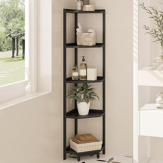 Corner Shelf Stand, Corner Bookshelf, Storage Standing Shelf Unit with Metal Frame, Plant Stand, Corner Bookcase for Living Room, Home Office, Bedroom, 5-Tier Black CS05906B