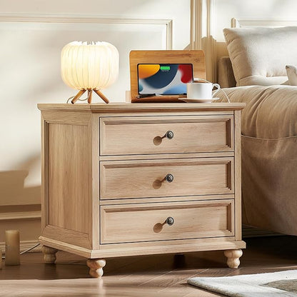 Joaxswe Farmhouse Nightstand with Charging Station, 24" Wide End Table with 3 Drawers,Natural Wood Dresser Cabinet for Bedroom, Bed Side Table Chest of Drawers,Night Stand for Living Room, Closet
