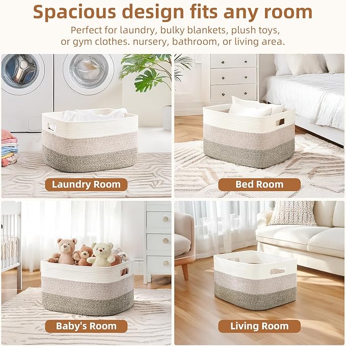 Cotton Rope Basket,Large Blanket Basket for Living Room,Woven cotton rope laundry baskets，For Bathroom Dirty Clothes ，Nursery Toys，pillow storage organization, 72L，Brown and white.
