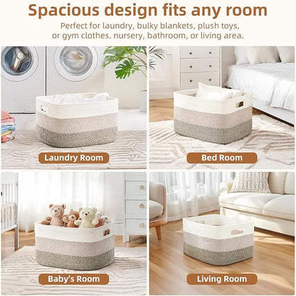 Cotton Rope Basket,Large Blanket Basket for Living Room,Woven cotton rope laundry baskets，For Bathroom Dirty Clothes ，Nursery Toys，pillow storage organization, 72L，Brown and white.