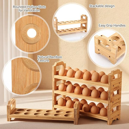 LemonRoad 4 Tier Wooden Egg Holder for Countertop, Bamboo Stackable Fresh Egg Storage Farmhouse Collecting Rack for Gathering Kitchen Organizer Duck Eggs Display, Stackable with 48 Eggs