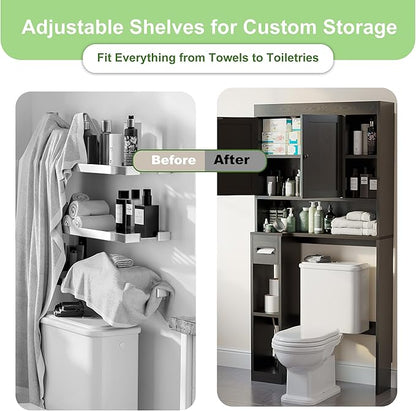 Nivisre Over The Toilet Storage Cabinet with 7 Shelves, Imitation Walnut Grain Above Toilet Bathroom Organizer with Toilet Paper Holder Stand, Space Saver for Restroom, Laundry, Bathroom (Black)