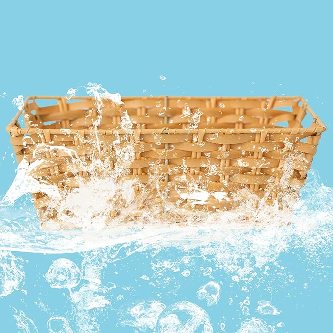 JS HANGER Wicker Storage Basket with Liners, Set of 2, Washable Waterproof, 12.6" L x 8.7" W x 4.3" H, Woven Basket for Pantry, Toilet, Bathroom, Bedroom, Patio,Natrual