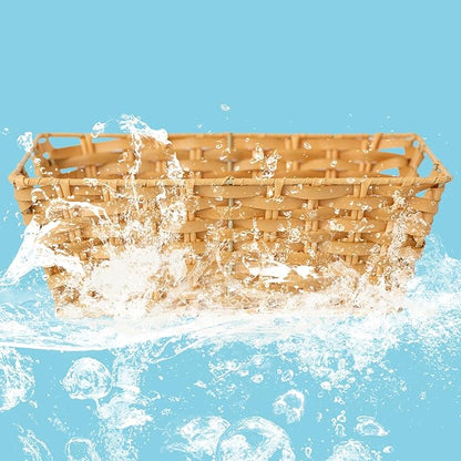JS HANGER Wicker Storage Basket with Liners, Set of 2, Washable Waterproof, 12.6" L x 8.7" W x 4.3" H, Woven Basket for Pantry, Toilet, Bathroom, Bedroom, Patio,Natrual