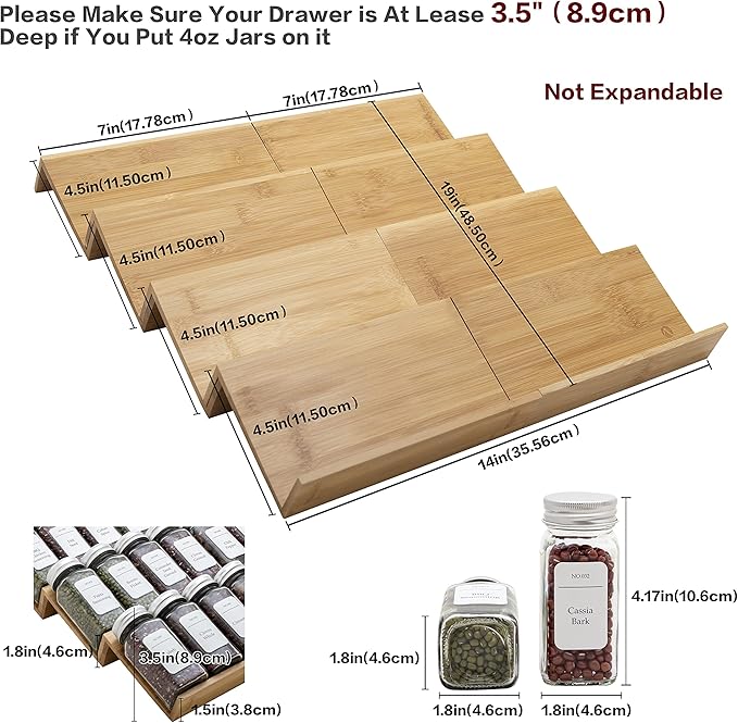 Angimio Bamboo Spice Rack Drawer Organizer - 8 Pieces Set- 7" Wide Per Piece - Combine Pieces Into 14" Wide Rack (7" or 14")