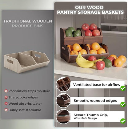 Acacia Wood Pantry Storage Bins - Stackable Open Front Kitchen Baskets with Airflow Vent for Potato, Onion, Fruit, Vegetable, and Bread Storage, Wood Organizer for Pantry and Countertop