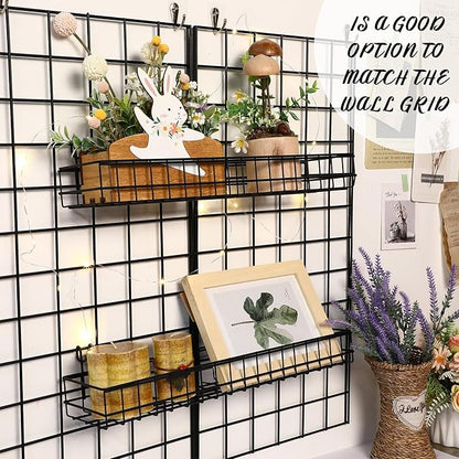 Blulu 4 Pcs 15.75 x 3.94 x 1.97 Inch Metal Grid Wall Baskets with Hooks Grid Wall Shelves Hanging Wire Basket Multi Function Storage Organizer for Kitchen Organizing Display (Black)