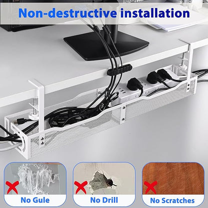 Under Desk Cable Management Box 25.3 Inch – Clamp-Mounted Cable Organizer Tray, Large Cord Management Box for Office & Home, Wire Organizer Under Desk Storage, White