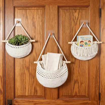 3 Tier Hanging Fruit Baskets for Kitchen, Boho Cotton Rope Handwoven Vegetable Hammock Produce Storage Wall Mounted Large Organizing Basket for Farmhouse Decor, Over The Door, Onion, Potato (White)