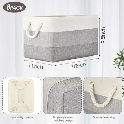 meekoo 8 Pack Collapsible Storage Bins Fabric Storage Bins Polyester Fabric Baskets with Handles Linen Closet Organizer for Shelf Home Closet Towels Toys(15 x 11 x 9.5 in,Mixed Gray)
