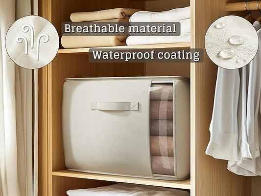 TomVista Large Canvas Clothes Storage Bags with Thick Handles and Clear Window, Foldable Cotton Linen Underbed Closet Organizer for Clothing, Blankets and Bedding, 60L, 3 Pack, Beige
