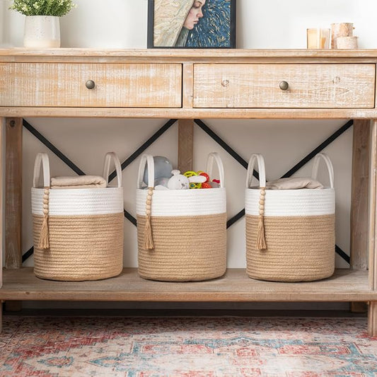 Mkono Woven Storage Basket Decorative Rope Basket Wooden Bead Decoration for Blankets,Toys,Clothes,Shoes,Plant Organizer Bin with Handles Living Room Home Decor, 11" W × 11" L, Cream White and Brown