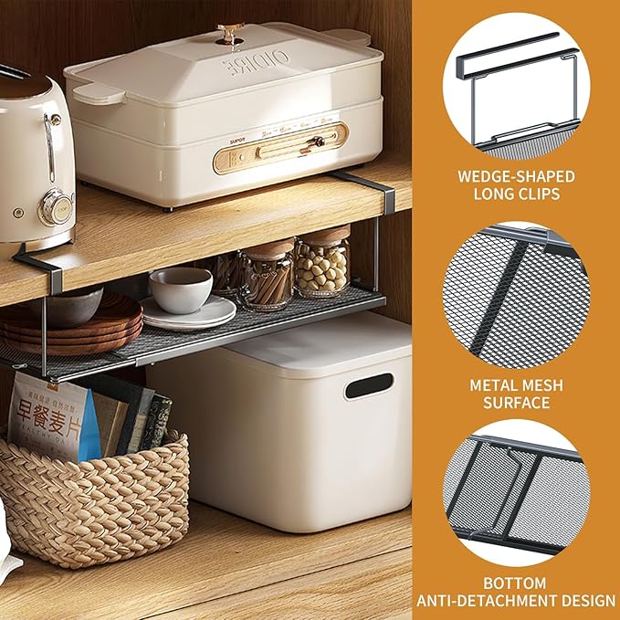 Expandable Hanging Under Shelf Storage Basket,Under Shelf Storage Basket Organizer,Under-Shelf Hanging Baskets for Cabinet,Pantry, Desk Organization,7.87" D x 14.96"-27.56W x 5.12" H,Black