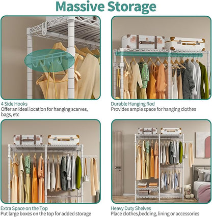 Heavy Duty Garment Rack, Metal Closet Organizers and Storage Clothing Racks 3 Tiers Adjustable Wire Shelving with 2 Hanger Rods and Side Hooks, 44.7" Lx16.5 Wx76.8 H, Max Load 800LBS, White