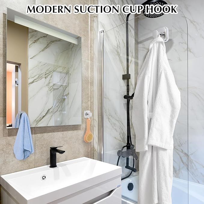 warlve Suction Cup Hooks for Shower - Reusable No-Drill Mounting - Hooks for Towels, Robes & Loofah on Metal, Glass, Mirrors, Tile & Smooth Non-Porous Surfaces (2, Chrome Polished)