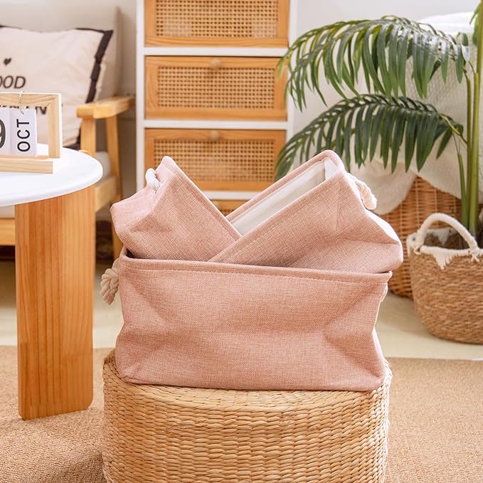 Storage Baskets for Shelves Closet Organizer Bins Clothes Storage Bins with Metal Frame Large Baskets for Organizing and Storage with Handles Collapsible Pink 3-Pack