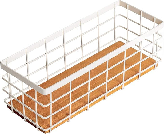 TIEYIPIN Small Metal Wire Storage Basket, Detachable Wood Base Storage Organizer Bin Basket for Kitchen Cabinets, Bathroom, Pantry, Garage, Laundry Room - Cream White